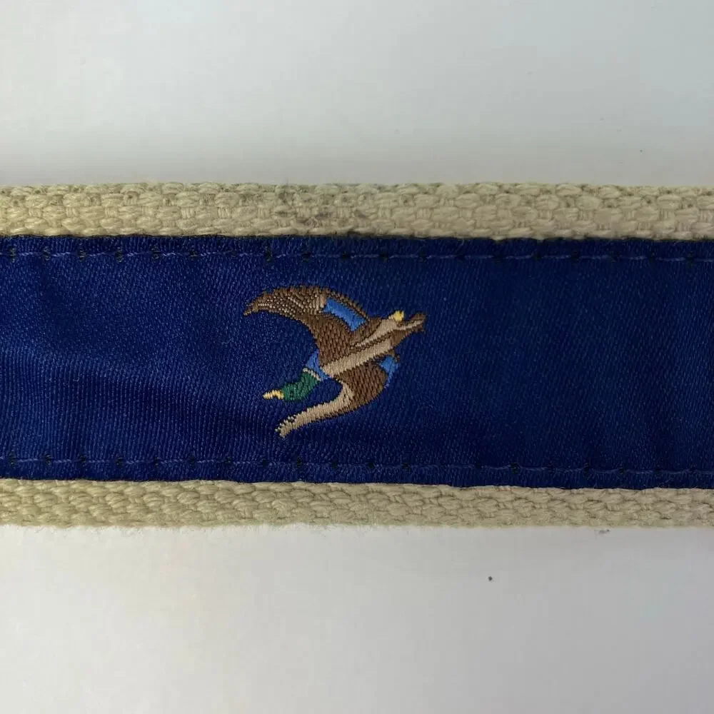 KEH Mens Sz M / 36 Vintage Leather Canvas Belt w Mallard Duck Design Brown Blue